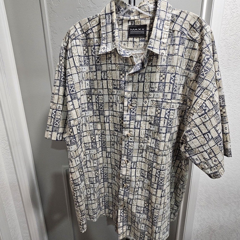 Vintage MAXX FM Men's XL Geometric Print Shirt | 90s Retro Button Up